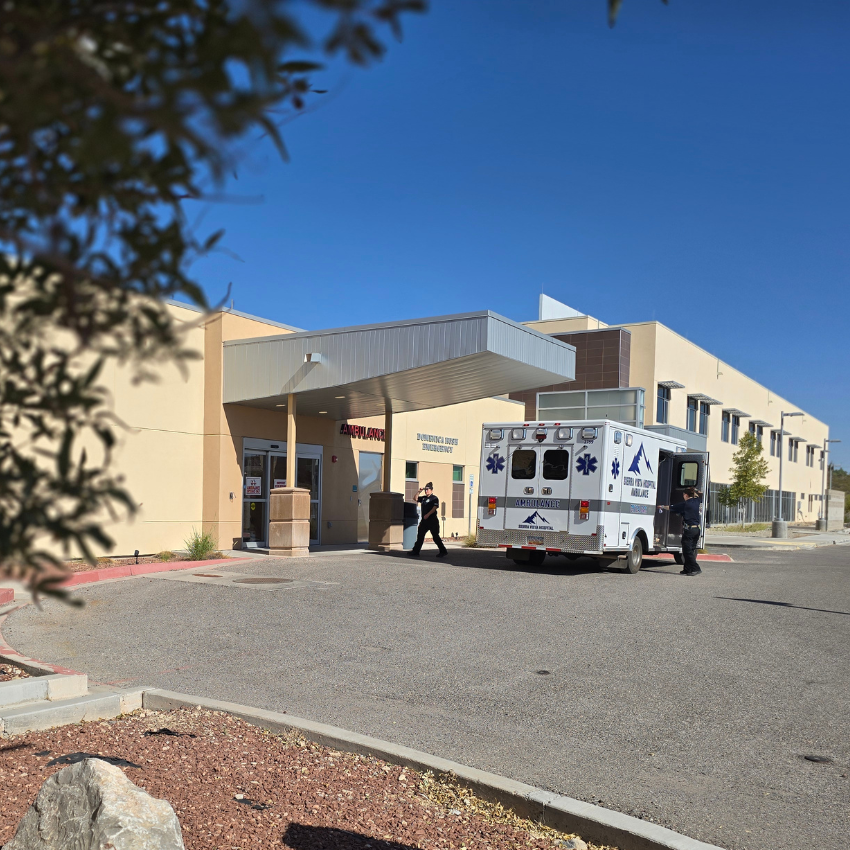 Image of an ambulance in front of an emergency room